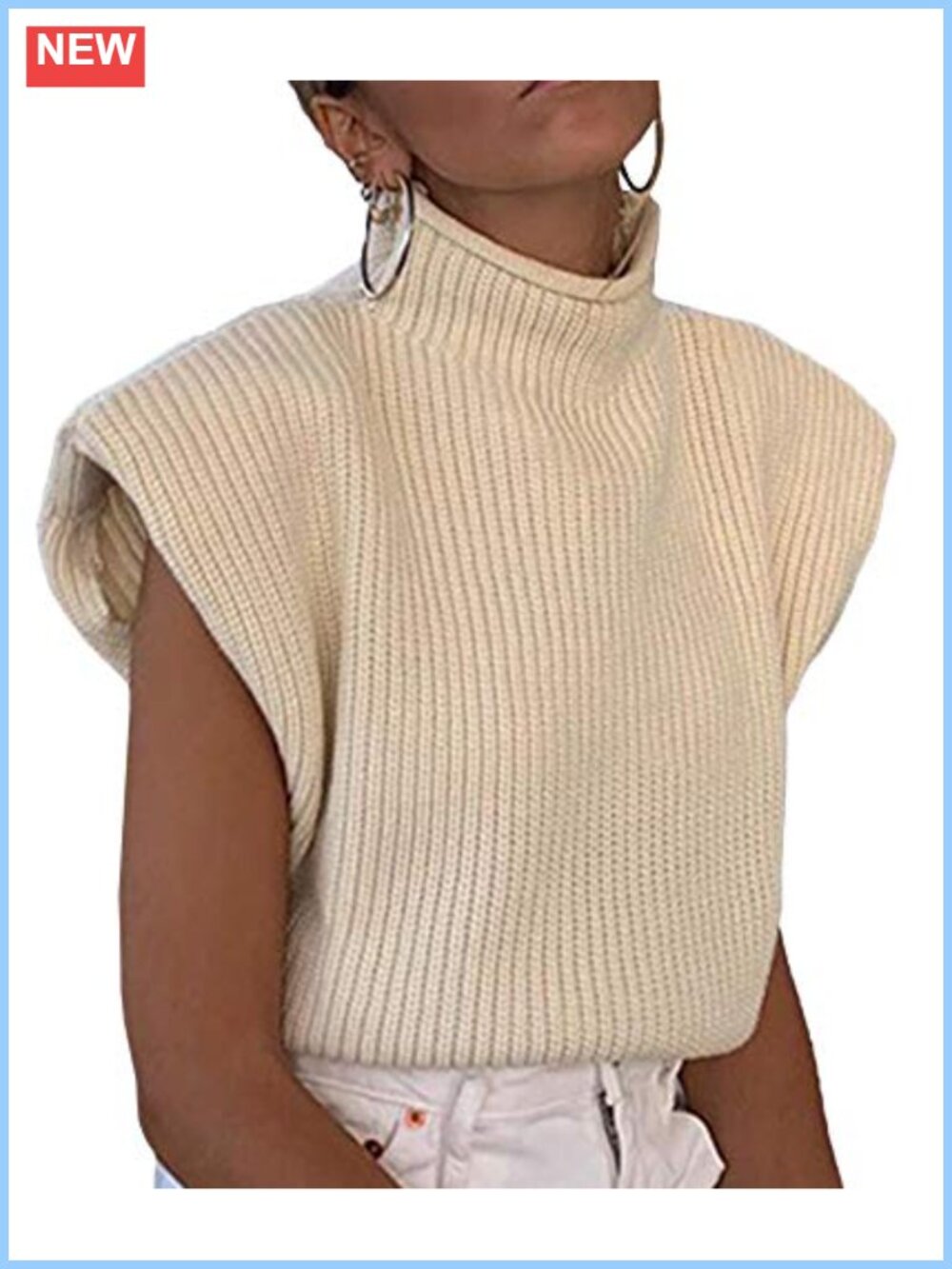 Ribbed Knit Mock Neck Sweater Vest with Shoulder Pad Sleeveless Layering Top